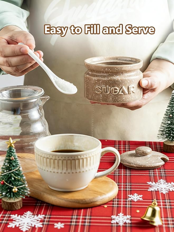Gomakren Sugar Bowl with Lid and Spoon, Sugar Container Sugar Dish 10oz, Ceramic Sugar Jar for Coffee Bar, Kitchen, Countertop - Modern Farmhouse Kitchen Christmas Decor, Brown