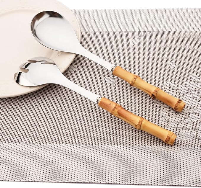 Gugrida Flatware Silverware Serving Set Silver Stainless Steel Hostess Serving Utensil Set with Bamboo Handle Dishwasher Safe, 2 Serving Spoon 2 Serving Fork