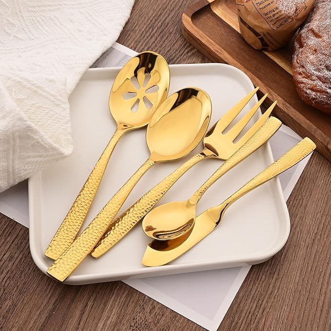 Serving Utensils Set, 5-Piece 18/8 Stainless Steel Hostess Serving Set, Elegant Hammered Serving Utensils for Home Restaurant and Buffet Catering, Heavy and Mirror Polished, Gold