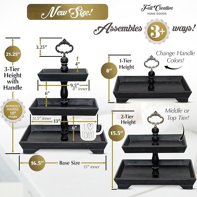 3 Tier Serving Tray [3 in 1] - Gorgeous Coffee Table Tray [Includes 3 Changeable Handles] - Can Assemble into a 1, 2 or 3 Tier Decor - Kitchen Table Centerpiece - Rectangle Wooden Serving Stand