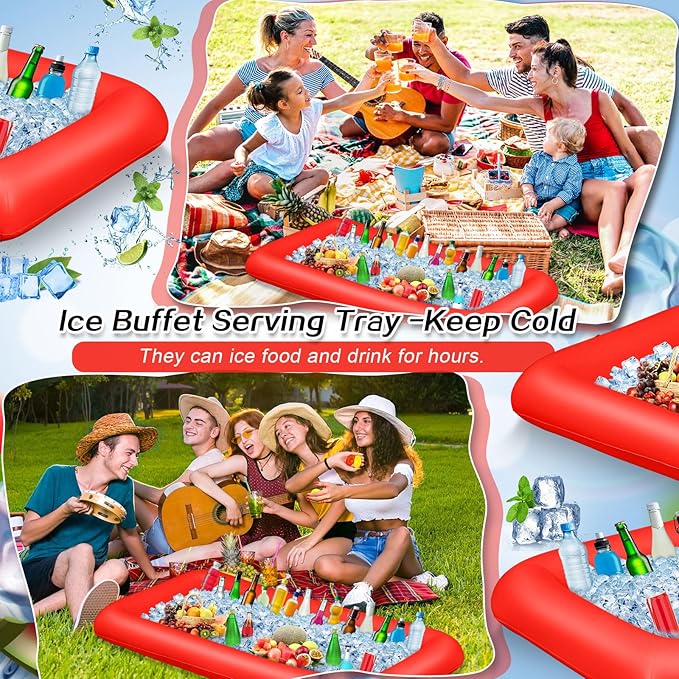 Leitee Inflatable Serving Bar with Drain Plug 52 x 24 x 5'' Inflatable Ice Serving Buffet Bar for Party Food Cooler Buffet Drink(Red,Basic Style)