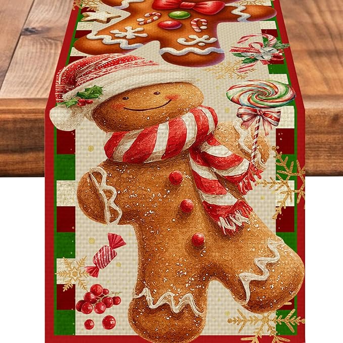 Christmas Gingerbread Table Runner Seasonal Winter Kitchen Dining Linen Table Decoration for Indoor Outdoor Home Party Decor 13 x 72 Inch
