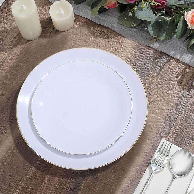 Efavormart 10 Pack | 8" Glossy White Round Plastic Dinner Plates With Gold Rim, Disposable Party Plates
