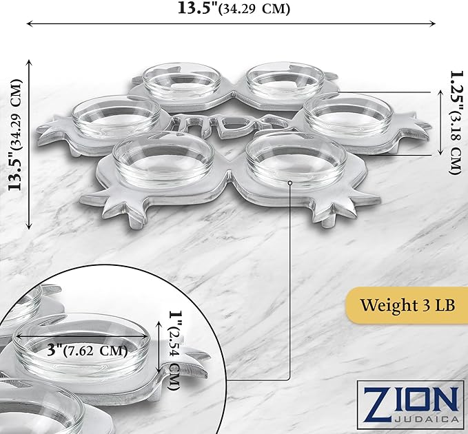 Zion Judaica Artistic Passover Seder Plate Silver Pomegranates Carved Pesach Seder Tray Shiny Aluminum with 6 Glass Liners for Symbolic Sader Foods Marked in Hebrew and English Traditional Sayder Dish