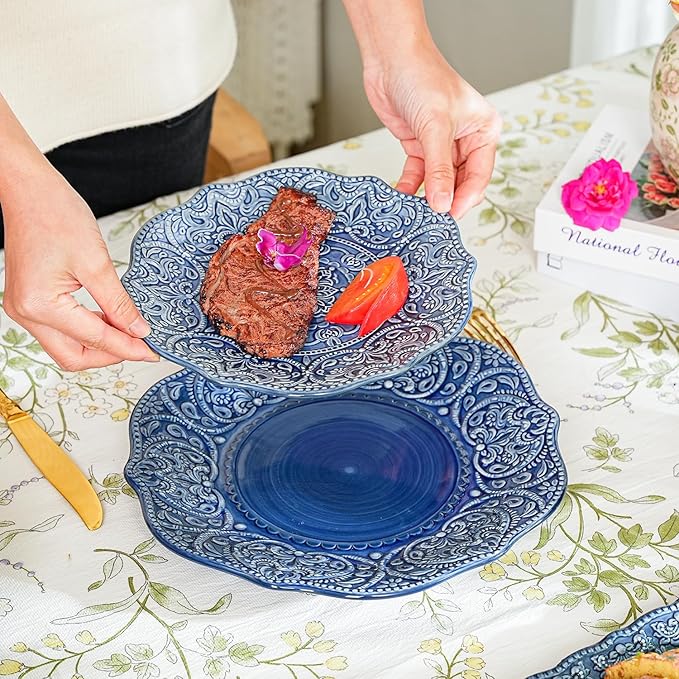 Sungmor Embossed Stoneware Fine Dining Dinnerware, Antique Baroque Style Porcelain Dinner Plates Set of 2 (8.5" Salad Plate & 11" Dinner Plate), Sophisticated Ceramic Serving Platters for Table Decor