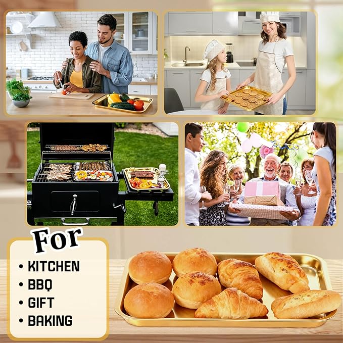 6 Pcs 8.6 x 6.4 Inch Baking Sheets Stainless Steel Baking Pan Tray Cookie Sheet Rectangle Mirror Finish and Rust Free Easy Clean and Dishwasher Safe Bakeware Oven Tray for Roasting(Gold)