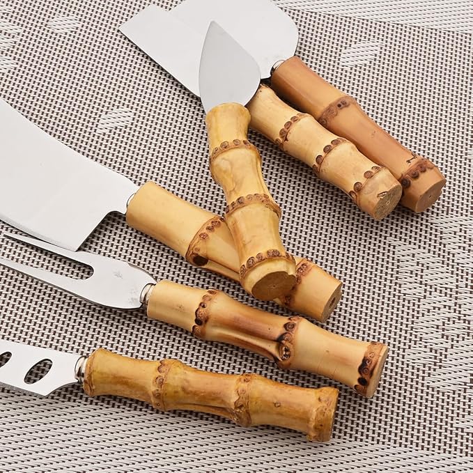 Gugrida Flatware Silverware Serving Set Silver Stainless Steel Hostess Serving Utensil Set with Bamboo Handle Dishwasher Safe, 6pieces Cheese Knife Set