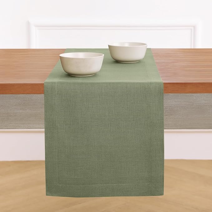 Solino Home Linen Oil Green Table Runner 90 Inches Long - 100% Pure Linen 14 x 90 Inch Table Runner for Christmas, New Year - Fete