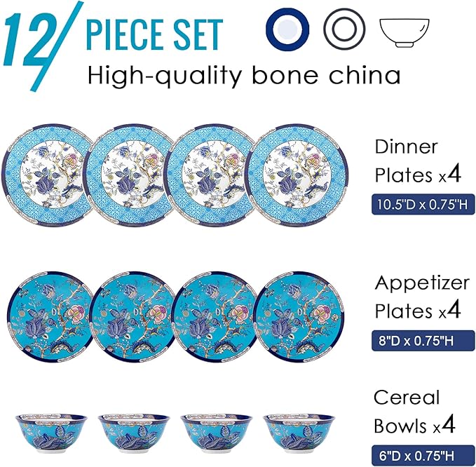 ACMLIFE Bone China Dinnerware Set for 4, 12-Piece Vintage Floral Dinnerware Set, Kitchen Plates and Bowls Set, Thanksgiving Christmas Gifts for Women (Blue)