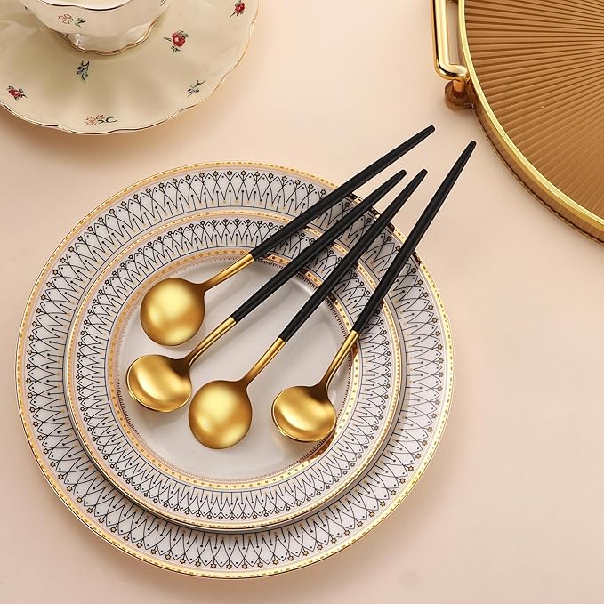 7.95 Inches Satin Gold SS18/10 Long Stirring Spoons With Black Handle,Elegant Iced Tea Spoons,Long Handle Mixing Spoons For Coffee,Cocktail,Ice Cream,Milk