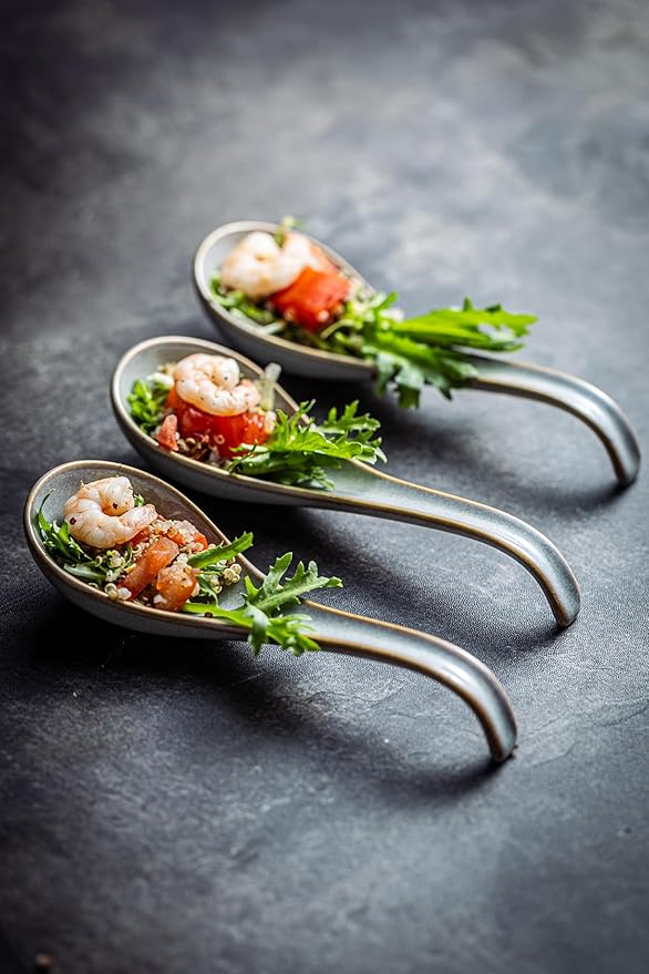 LYEOBOH Ceramic Asian Soup Spoons Set of 6 with Long Handle for Kitchen, Restaurant, Japanese Ramen Spoons with Deep Hook Design, Dishwasher & Microwave Safe, Gray