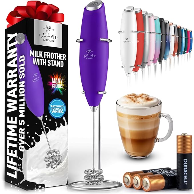Zulay Kitchen Patented Tornado Triple Whisk Milk Frother with 4 Duracell Batteries – Handheld Foam Maker for Coffee, Lattes, Matcha & Hot Chocolate – Rich, Creamy Froth in Seconds