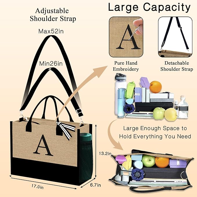 YOOLIFE Christmas Gifts for Women - Initial Jute Tote Bag & 2 Makeup Bags Personalized Gifts for Women Teacher Mom Friend