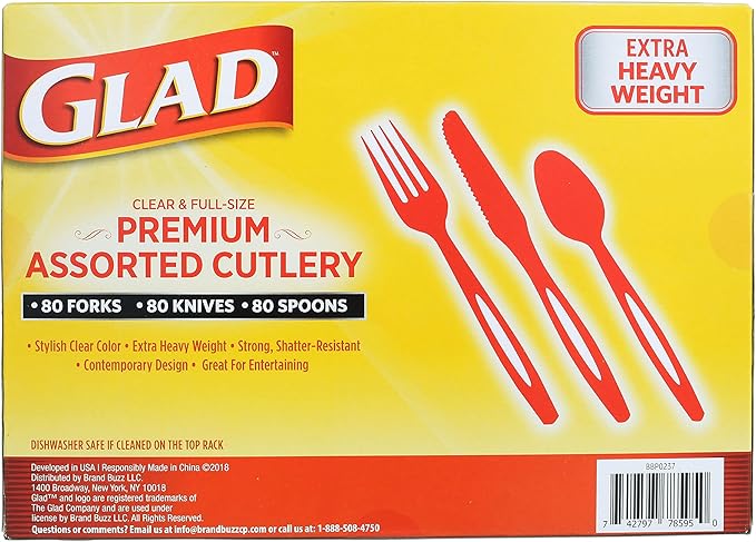 Glad Disposable Plastic Cutlery, Assorted Set | Clear Extra Heavy Duty forks, Knives, And Spoons | Disposable Party Utensils | 240 Piece Set of Durable and Sturdy Cutlery (6 Pack, 1,440 Pieces Total)