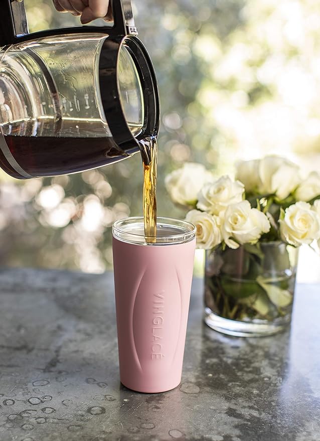 Vinglacé Stainless Steel Drink Tumbler- Insulated Hot and Cold Beverage Cup with Glass Insert and Lid, 14 oz, Rose