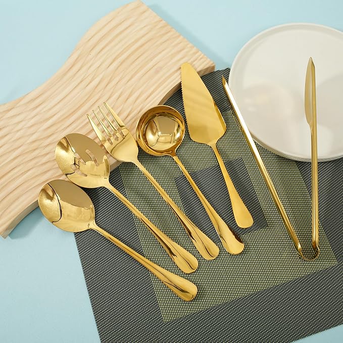 10Pcs Serving Utensils Set Stainless Steel Metal Serving Utensils Metal Serveware Serving Set with Serving Spoons Forks Tongs Slotted Spoon Ladle Pie Server for Buffet Parties (Gold)