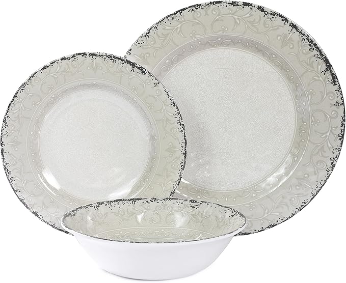 Melamine Dinnerware Set for 4, 12-Piece Rusty Gray – BPA-Free, Dishwasher-Safe Plates & Bowls for Indoor Outdoor Dining, Portable and Reusable