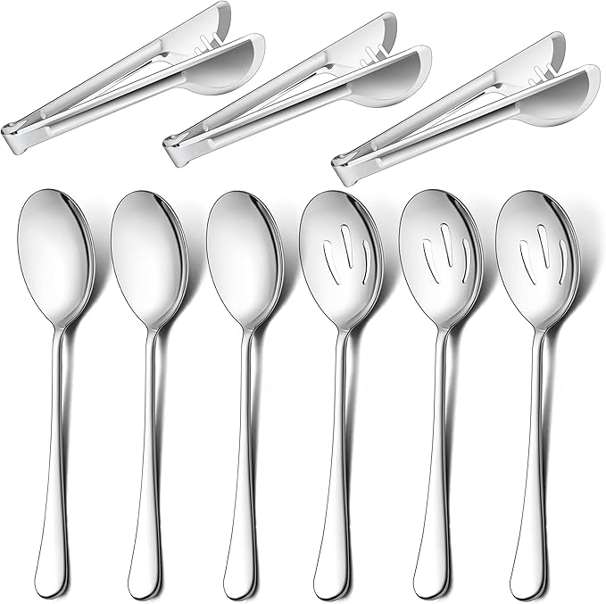LIANYU 9-Piece Large Serving Utensils Set, 9.8 Inch Stainless Steel Buffet Banquet Catering Serving Spoons Forks and Tongs Set, Dishwasher Safe