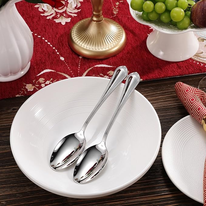KEAWELL Pearl Edge Premium Serving Spoon Set, 18/10 Stainless Steel, 9" Fine Hostess Utensils with Refined Bead Design, Brightly Polished, Dishwasher Safe (2 Serving Spoons)