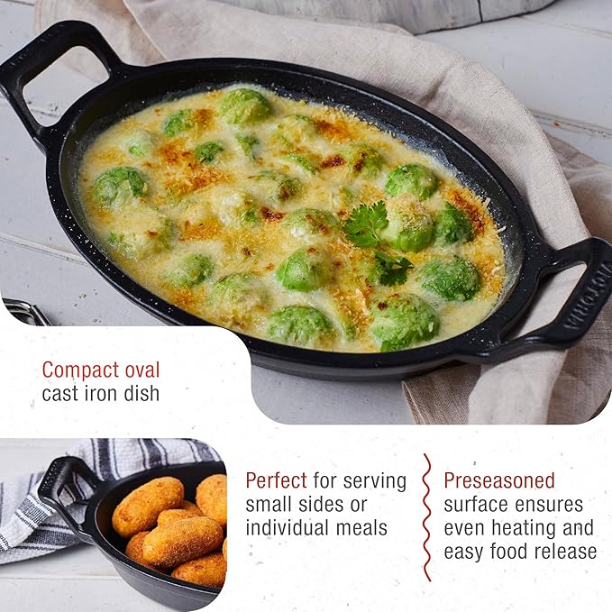 Victoria Mini Oval Cast Iron Casserole Dish, Preseasoned Baking Dish for Appetizers, Side Dishes, Soufflés, and Single Servings, Made in Colombia