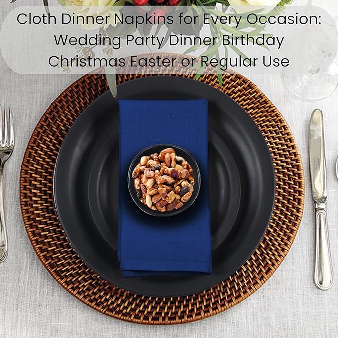 Set of 12 Cloth Dinner Napkins 100% Cotton - Soft Durable Washable - Ideal for Farmhouse Party Weddings Christmas Easter - Perfect Everyday Use Table Linen Cloth Napkins Navy Blue 17x17