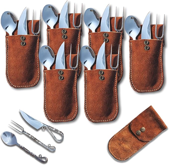 Customize Stainless Steel Viking Medieval Feasting Set, Handmade Mirror Polished Viking Twisted Pattern Flatware With Leather Pouch, Perfect for Cosplay and Gift for Loved Ones (Person 6)