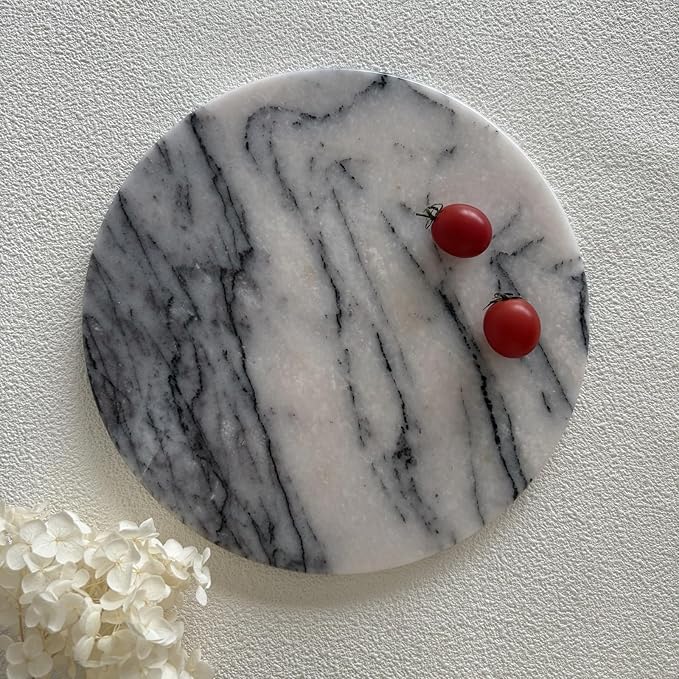 Natural Round Marble Tray Glossy Pastry Board for Dessert, Cheese, Coffee, Smooth on Both Sides (Black Purple)