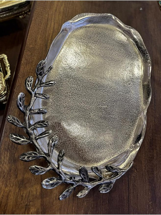 Oval Metal Cast Decorative Tray Silver Color, 16.1x10.2 Inch Serving Tray, Ottoman Style Coffee Table Tray for Home Decor and Parties - Silver, One Size