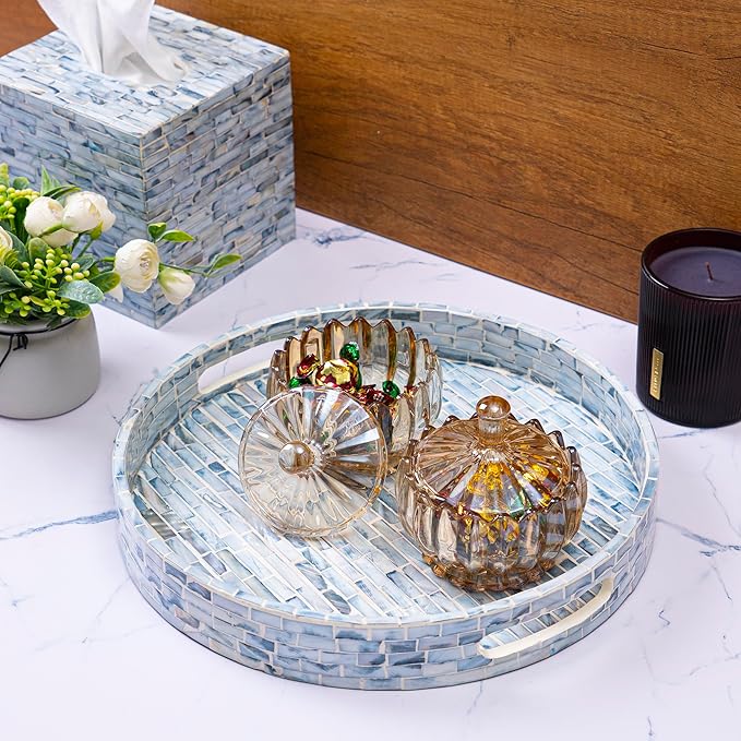 CLAYNIX Serving Tray 12.5 Inch Round, Wooden Lacquer Tray with Mother of Pearl Inlay, Elegant Tea & Breakfast Tray with Handles (Round)