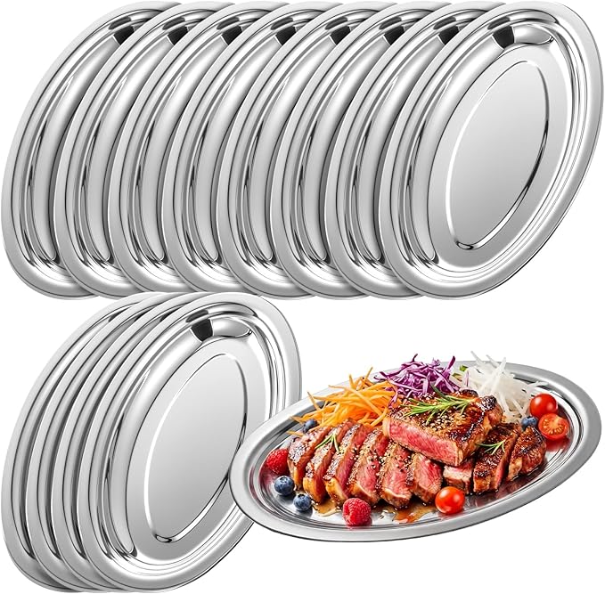 12 Pcs Stainless Steel Oval Platter Set Bulk Heavy Duty Mirror Polished Serving Tray Sliver Large Metal Display Serving Platter Dinner Trays for Table Food Home Dishwasher(14 Inch)