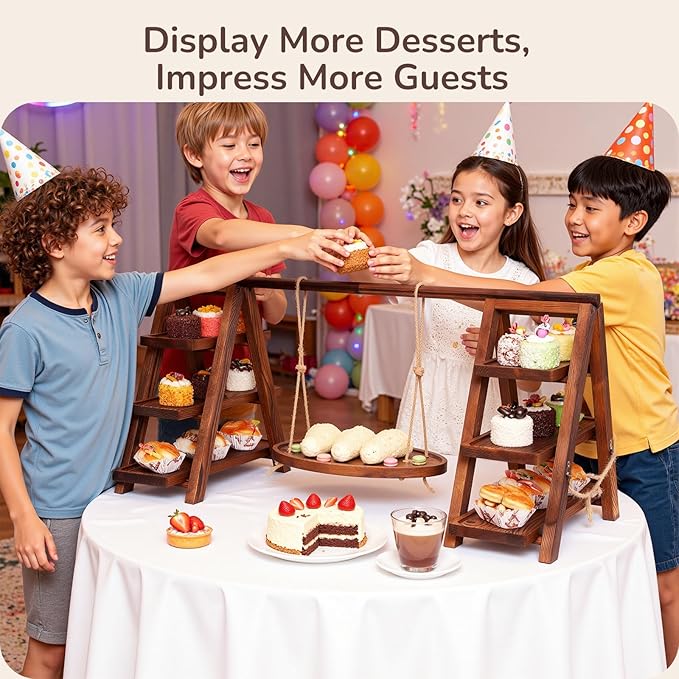 3-Tier Wooden Cupcake & Dessert Display Stand with Swing Frame – Rustic Torch-Finished Pine, Extra Wide 5.1" Trays, Pre-Assembled with Anti-Slip Pads, Party & Wedding Cake Holder