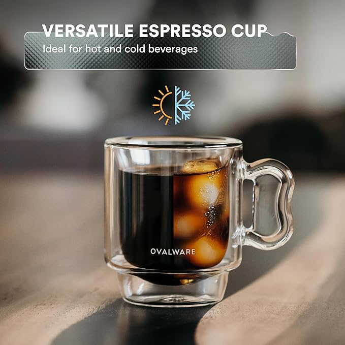 ovalware RJ3 Espresso Coffee Glass Cups 4oz/120ml (Set of 4) Double Walled w/Solid Butterfly Handle - Elegant Borosilicate Espresso Shot Mug - Stackable Insulated Transparent Demitasse Glass