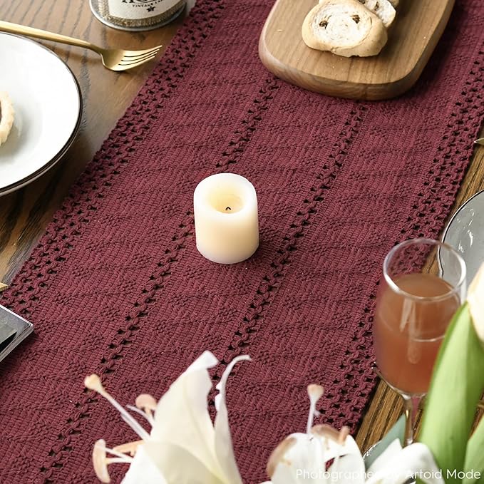 Artoid Mode Red Farmhouse Woven Rustic Hollow Table Runner, Seasonal Holiday Hollow Kitchen Dining Table Decoration for Home Party Decor 12x72 Inch