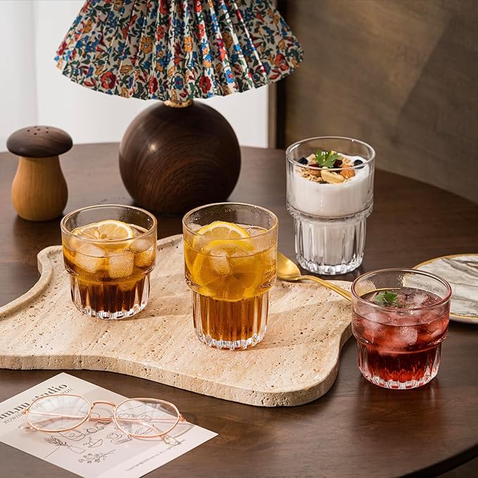 Scidea 11oz Drinking Glasses Set of 4, Juice Glasses Stackable Tall Glass Mugs for Tea Iced latte Coffee Glass, Beer Glasses, Cocktail Glasses,Water glasses for bar, restaurant