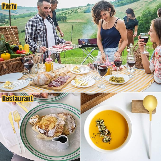 60 Pieces Stainless Steel Tableware Set Silverware Set Flatware Cutlery Utensils Spoon Fork Knives Service for 12 for Home Restaurant Apartment and Kitchens(White Gold)