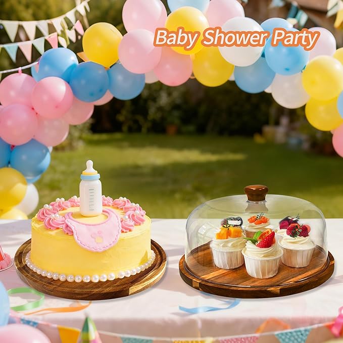 Wood-Cake-Stand With Acrylic Lid, Round Acacia Cake Holder With Cover, 2-in-1 Cake Plate with Dome, Dessert Table Display Set For Party, Charcuterie Board For Cheese, Chips & Dips, Nachos, Fruit Platter