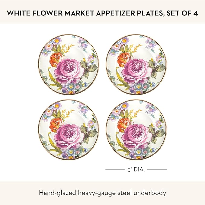 MACKENZIE-CHILDS Set of 4 Enamel Appetizer Plates, Mini Dessert Plates, 5 Inches, White Flower Market