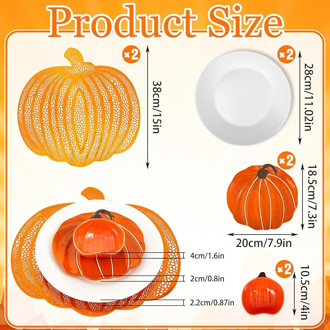 Jinei 8 Pcs Thanksgiving Fall Tableware Set Include Large Ceramic Pumpkin Shaped Plates White Dinner Ceramic Plates Small Pumpkin Shaped Bowls and Place Mats for Autumn Halloween Table Party Decor