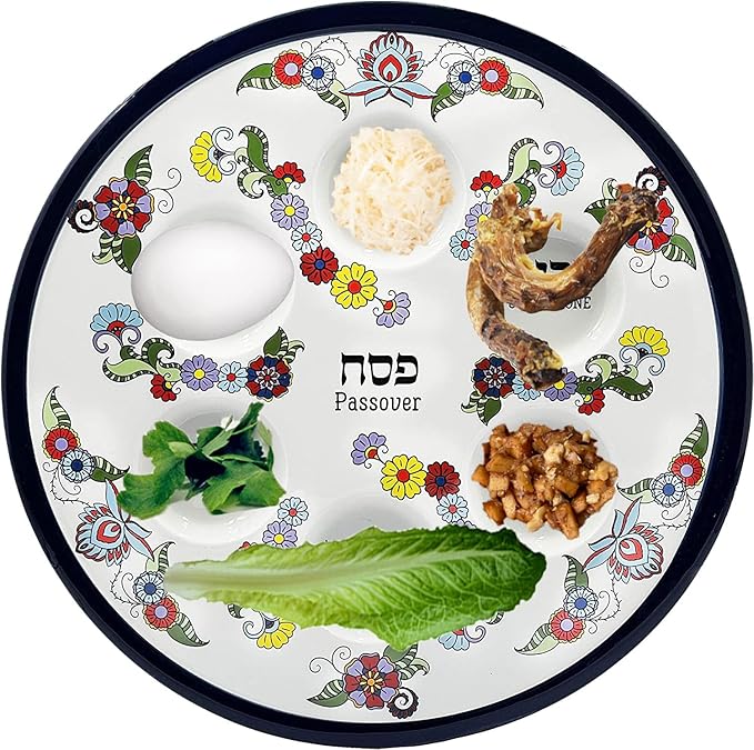 The Dreidel Company Ceramic Seder Plate Renaissance Design Passover Plate, 12" Inch Diameter - Blue (Turquoise Floral Design)
