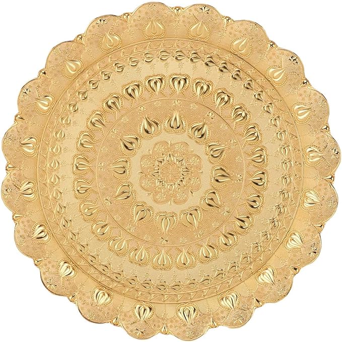 Turkish Tea Coffee Serving Tray, Vintage Style Round Metal Tray with Embossed Pattern, 13.8 Inch Decorative Coffee Plate for Bar Outdoor Dessert Gift (Gold)
