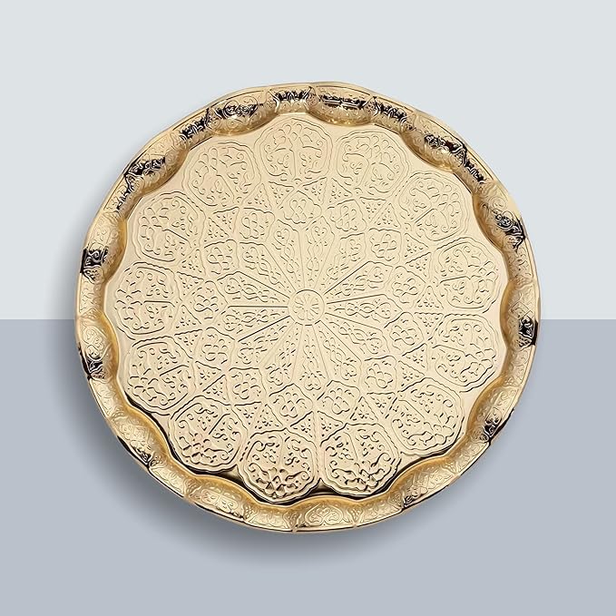 Alisveristime Turkish Ottoman Coffee Tea Serving Tray – 13.60 inches, Metal with Traditional Motifs, Available in Five Colors (Gold)
