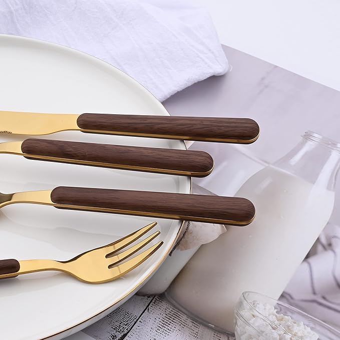 Brown Gold Silverware Set, 16 Pieces Stainless Steel Flatware Cutlery Set with Faux Wooden Handle, 4 x Dinner Knife, 4 x Dinner Fork, 4 x Tablespoon, 4 x Fruit Fork, Mirror Polished