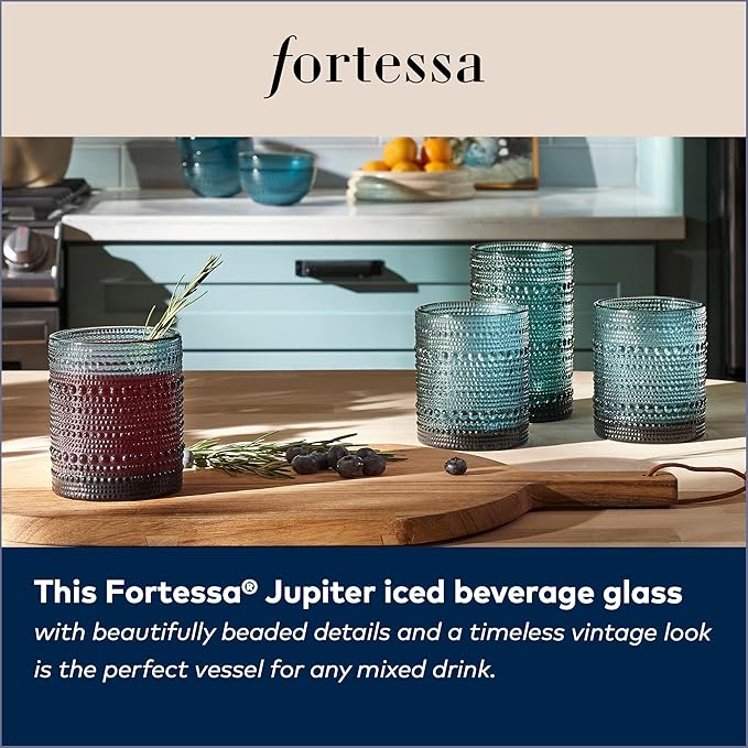 Fortessa Jupiter Beaded Hobnail Glass, 13 Ounce Iced Beverage (Set of 6), Cornflower Blue