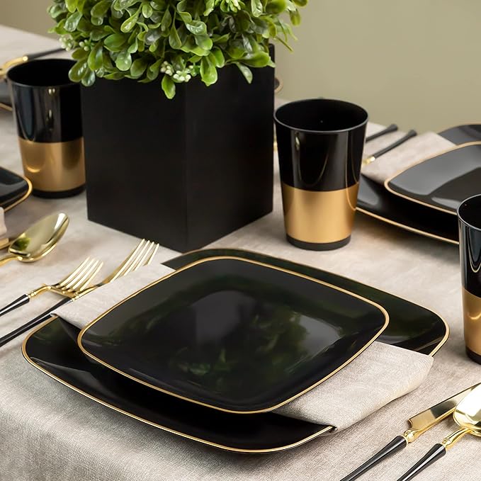 PLASTICPRO Square 64 Piece Combo Plates Set includes 32 x 7'' inch Plates & 32 x 10'' inch Dinner Plates Black Plastic with Gold Rim Design Party Plates, Premium heavyweight, Tableware,