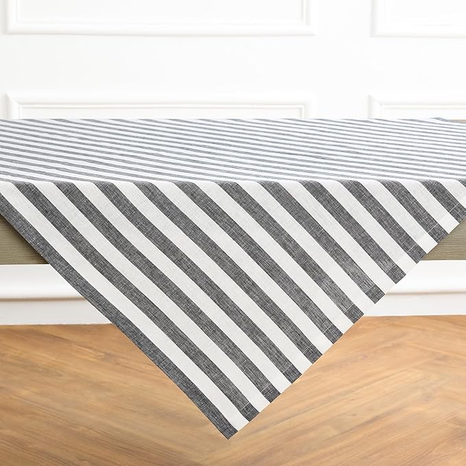Solino Home Linen Square Tablecloth 52 x 52 Inch - Sorrento Stripe, 100% Pure Linen Black and White Table Throw - Machine Washable Tablecloth
