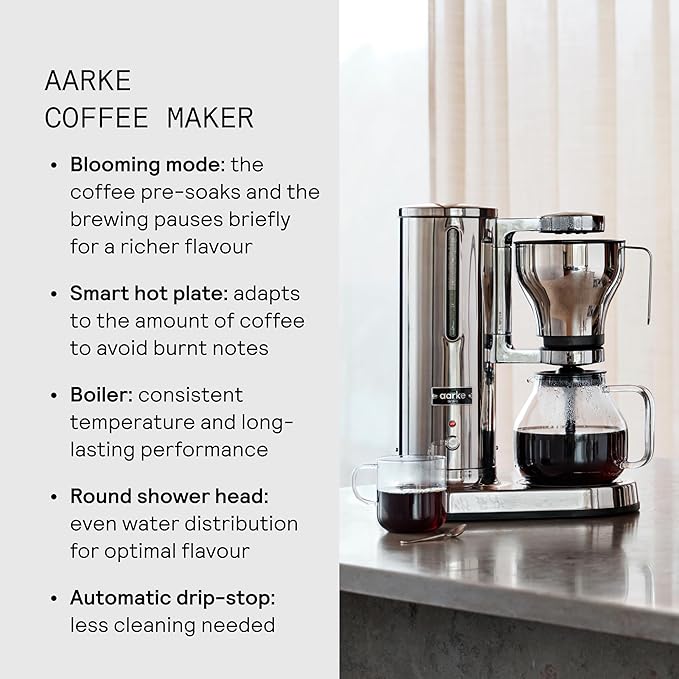 Aarke Coffee Maker - Electric 10 Cup / 42 fl oz Drip Brewer with Automatic Drip-Stop, Glass Carafe, Brews Full Pot in Under 6 Minutes, SCA Certified, Stainless Steel