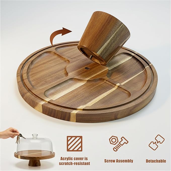 Acacia Wood Cake Stand with Scratch-Resistant Acrylic Dome Lid – 12in Round Cake Holder, 2-in-1 Dessert Display Tray & Charcuterie Board with Double-Sided Groove for Perfect Lid Placement