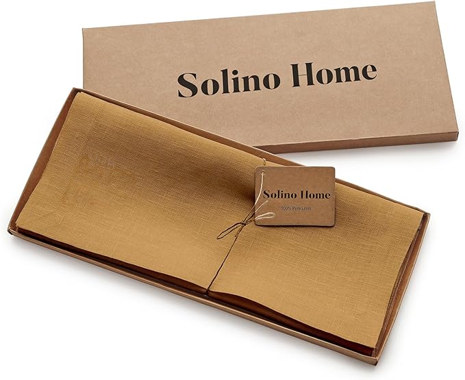 Solino Home Linen Table Runner 48 Inches - 100% Pure Linen Caramel Table Runner 14 x 48 Inch Ideal for Dresser and Coffee Tables - Fete
