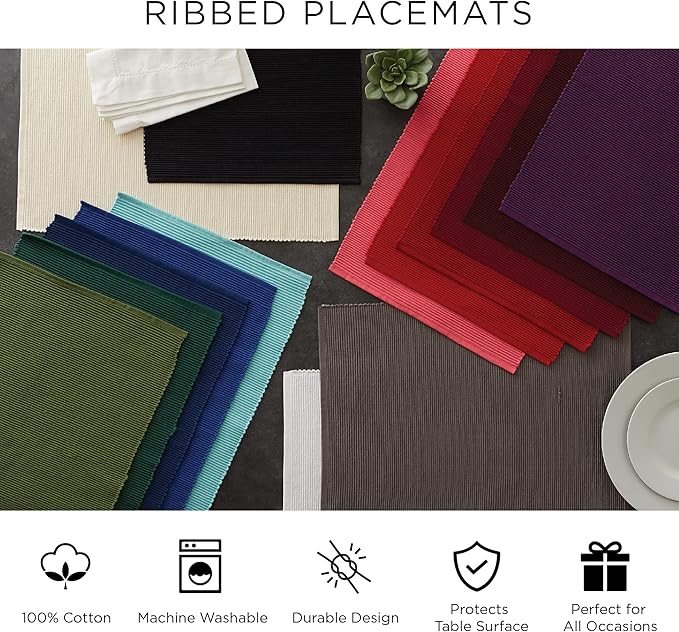DII Basic Everyday Ribbed Tabletop 100% Cotton, Placemat Set, 13x19, Sage, 6 Piece