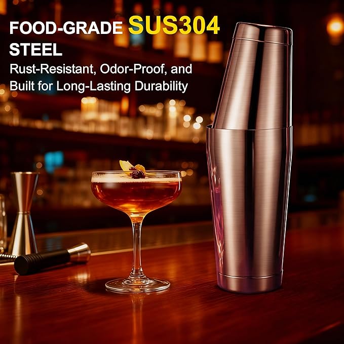 Boston Shaker Set, 18oz & 28oz 2-Piece Tins, Professional 304 Stainless Steel Cocktail Shaker with Leak-Proof Weighted Base for Bartending, Home & Bar Use (RoseGold)